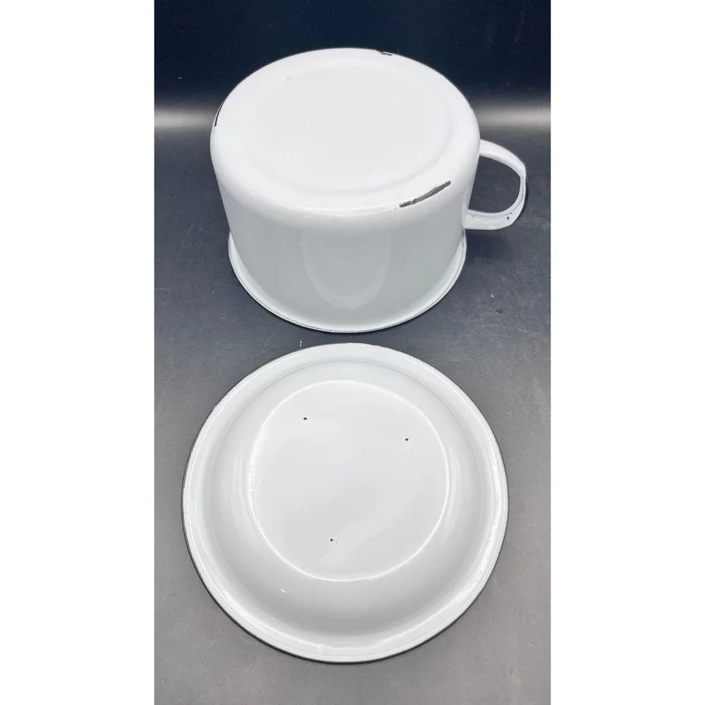 Vtg 2 Pc Enamel Soup Mug Saucer/Plate/Lid‎ Set White Black Trim Camp Kitchenware